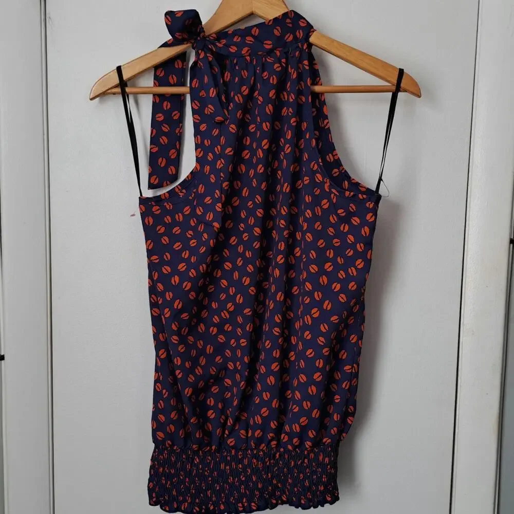 Papaya Tie Neck Halter Top Blue Red Lips Women's Medium - Picture 2 of 5